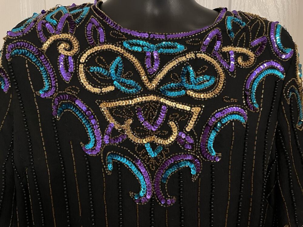 VTG 80s Silk Beaded Blouse Top Colorful Bib Stripe RARE Scallop Hem Unique M/L